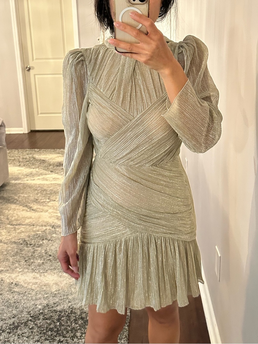 SAYLOR Metallic Champagne Pleated Long-Sleeve Mini Dress